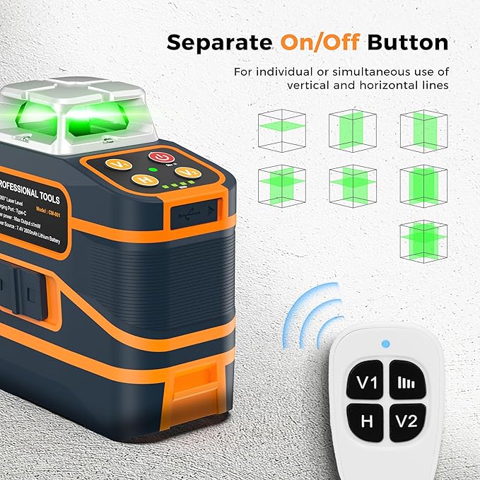 CIGMAN Laser Level CM-801 Laser Level Self Leveling 3x360째3D Green Cross Line for Decoration and Picture Hanging with Two Rechargeable Batteries, Remote Controller and Magnetic L-Shaped Bracket
