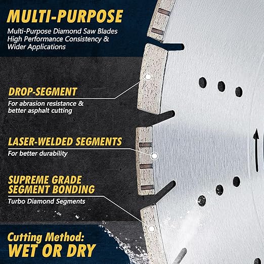 14" All Purpose Diamond Saw Blades for Hard/Reinforced Concrete, Asphalt, Granite, Terrazzo, Ductile Iron Piping, 4-5/8" Cutting Depth, 1" Arbor, 5 Pack