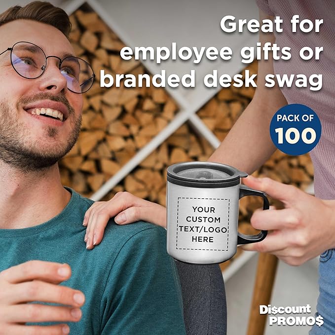 DISCOUNT PROMOS Custom Stainless Steel Travel Mugs with Handle 12 oz. Set of 100, Personalized Bulk Pack - Perfect for Coffee, Soda, Other Hot & Cold Beverages - Stainless Steel