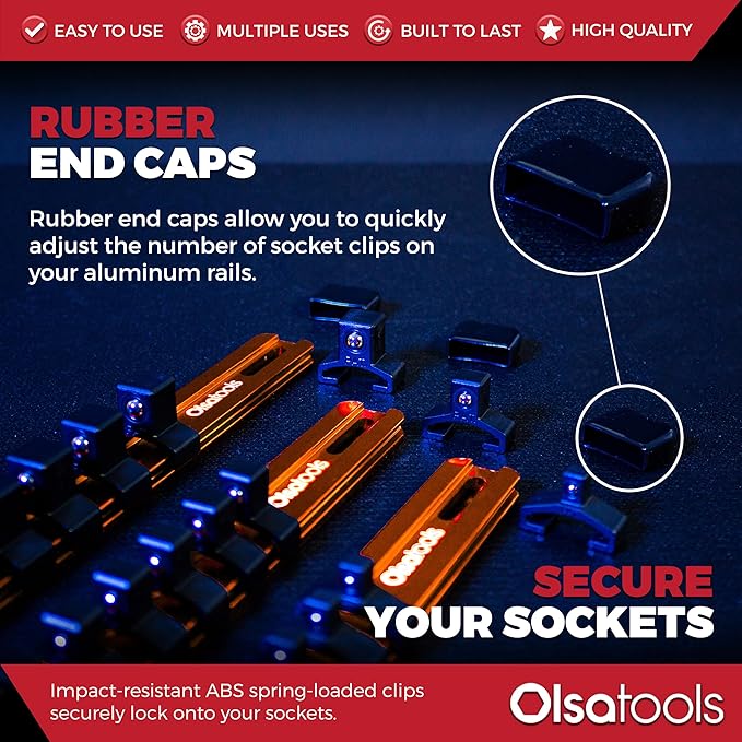 Olsa Tools Aluminum Socket Organizer, 3pc Set - Orange Socket Holder Kit 1/2-Inch, 3/8-Inch, and 1/4-Inch Drive - Holds 58 Chrome or Impact Sockets - Professional Grade Socket Rails - Part: 1106