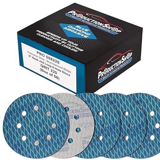 Premium 220 Grit 5" Rhombus Diamond Shape Blue Sanding Discs, 8-Hole, Box of 50 - Hook & Loop Anti-Clogging J-Cloth Dustless Sandpaper for Random Orbital Sanders, Sand Auto Paint, Wood