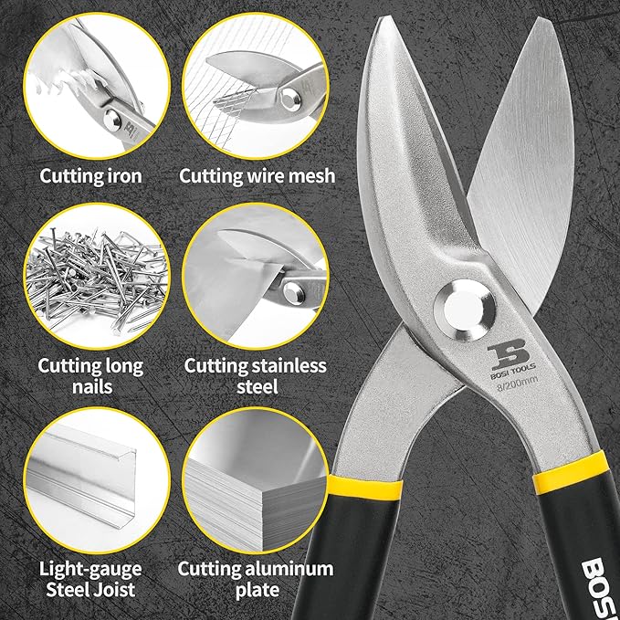 8 Inch Straight Pattern Tin Snips Metal Cutters, High Strength Forged and Heat Treated Carbon Steel with Comfortable Black Rubber Handle