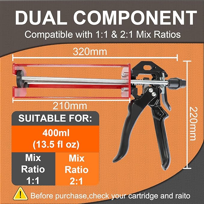 Epoxy Gun Dual Component 400ml ??Manual 1:1 & 2:1 Ratio Adhesive Applicator for Epoxy, Urethane, Acrylic,High-Thrust 2-Part Adhesive Gun for Panel Bonding, Structural & Plastic Repair,Orange