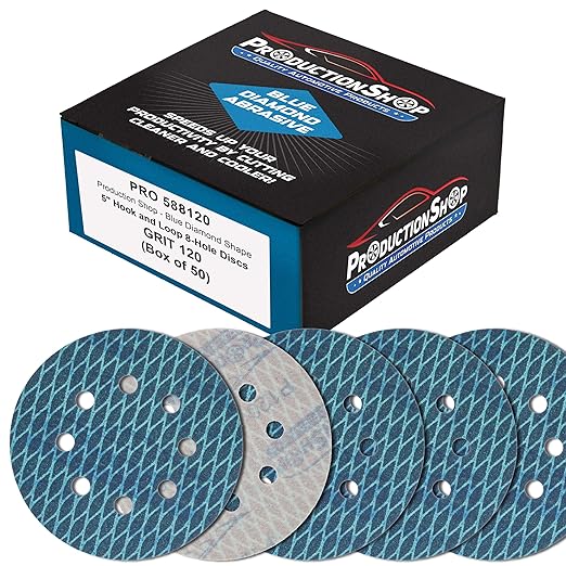 Premium 120 Grit 5" Rhombus Diamond Shape Blue Sanding Discs, 8-Hole, Box of 50 - Hook & Loop Anti-Clogging J-Cloth Dustless Sandpaper for Random Orbital Sanders, Sand Auto Paint, Wood