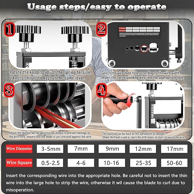 Manual Wire Stripper Machine,Drill Powered Hand Crank Wire Stripper Tool With 6 Channels and 5 Blades,Wire Stripping Tool for 0.06"-0.65" Scrap Wire,Scrapping Copper Wire Peeler Machine (Silvery)