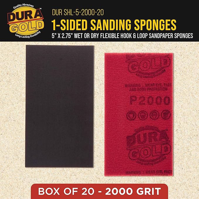 Dura-Gold 2000 Grit 5" x 2-3/4" Sanding Sponges, Box of 20 - Performance Hook & Loop Wet or Dry Flexible Sandpaper Sponge Pads - for Hand Sanding Blocks, Palm Sanders - Polish Metal, Auto Paint, Wood