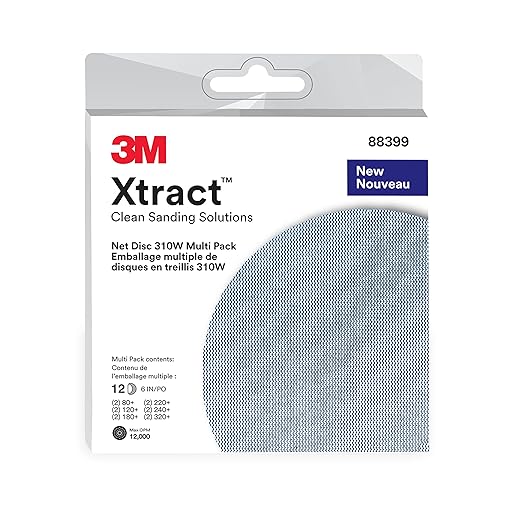 3M Xtract Net Disc 310W, 6 in, 12 Piece Multi-Pack Hook and Loop Sanding Disc, 80+, 120+, 180+, 220+, 240+, 320+, Virtually Dust-Free, Assorted Grades, 88399