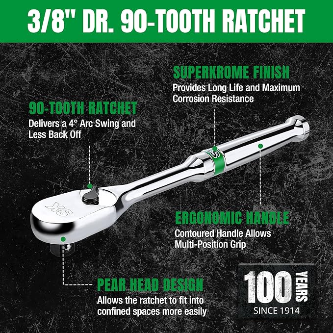 SK 3/8" Drive Ratchet Handle, Pear Head, 90-Tooth Ratchet, Alloy Steel, with Contoured Handle