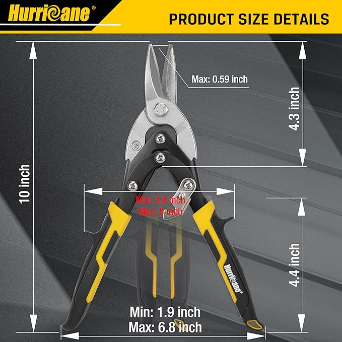 HURRICANE 10 Inch Aviation Tin Snips, Cr-Mo Aviation Snips for Cutting Metal Sheet, Heavy Duty Sheet Metal Cutter Shear, Straight Cut, High Leverage Aviation Snip, Up to 40% Labor Saving
