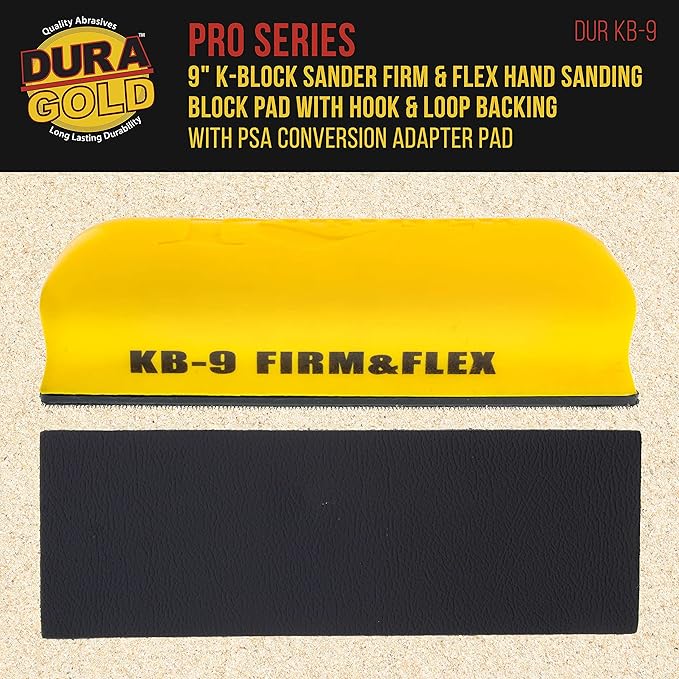 Dura-Gold Pro Series 9" K-Block Sander Firm & Flex Hand Sanding Block Pad with Hook & Loop Backing and PSA Sandpaper Conversion Adapter Pad - Automotive Paint Prep Sand Shape Contour Woodworking Wood