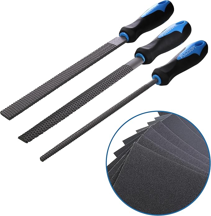 Plg2Sup 3PC Wood File Set, Wood Rasps for Woodworking, Woodworking Files, Round, Half-round, Flat File Rasp and Sand Papers Set for Woodworking & Shaping, Sharping Wood