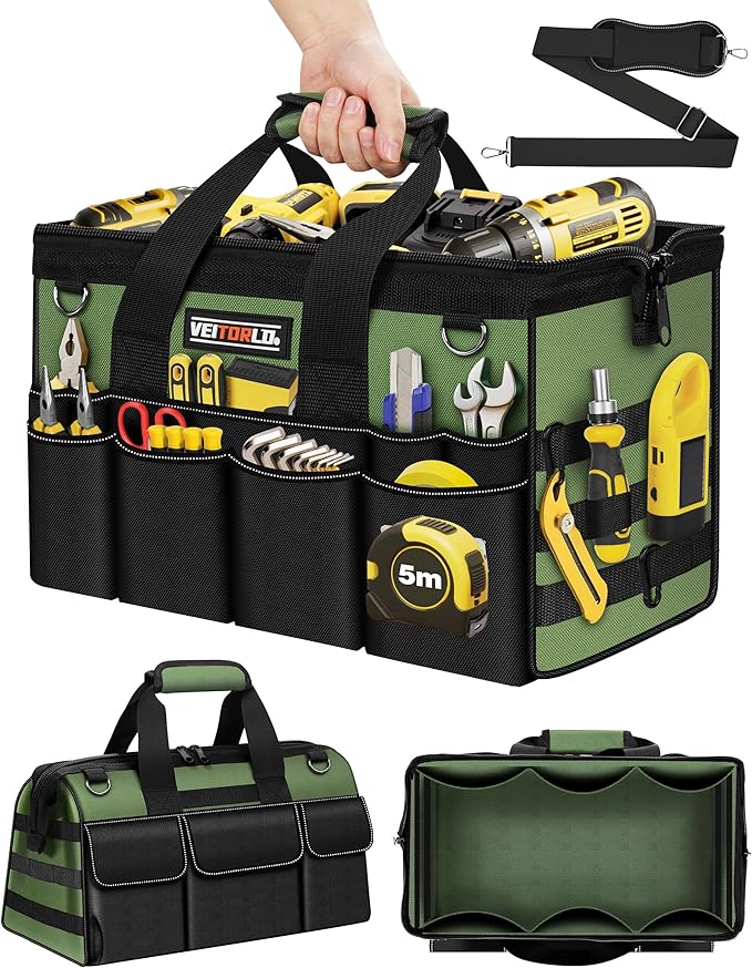 Heavy Duty Tool Bag 16-Inch - 19 Pockets Tool Organizer, Portable Electrician Toolbox W/Soft Handle, Gifts for Him Men Husband Boyfriend Mechanic Engineer Valentines Day, Wide Mouth Tool Box Storage