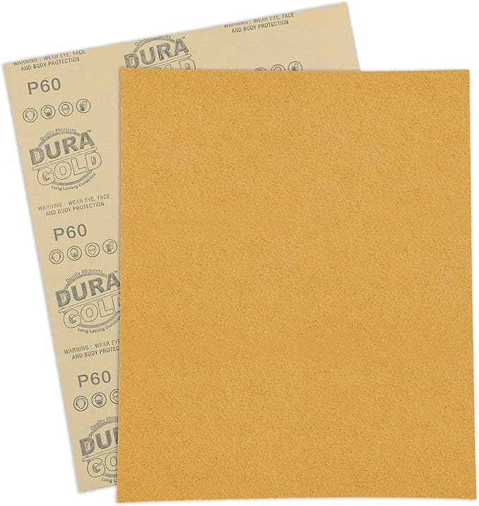 Dura-Gold Premium 9" x 11" Gold Sandpaper Sheets, 60 Grit (Box of 6) - Wood Furniture Woodworking, Automotive Paint - Full-Size Cut to Use on 1/4, 1/3, 1/2 Sheet Finishing Sanders, Hand Sanding Block