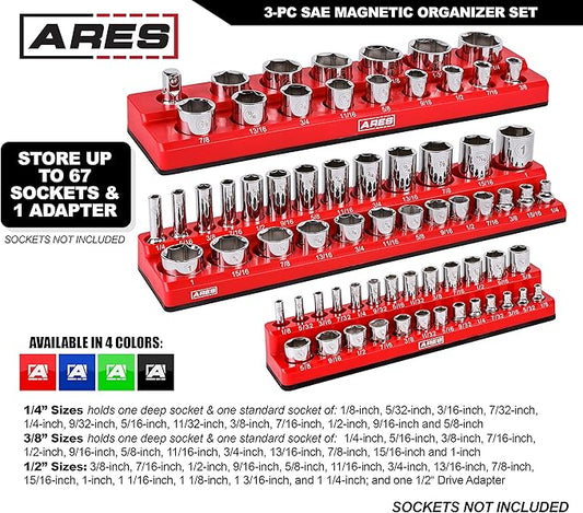 ARES 60035-3-Piece Set SAE Magnetic Socket Organizers - RED -Includes 1/4 in, 3/8 in, 1/2 in Socket Holders - Holds 68 Standard (Shallow) and Deep Sockets - Also Available in GREEN