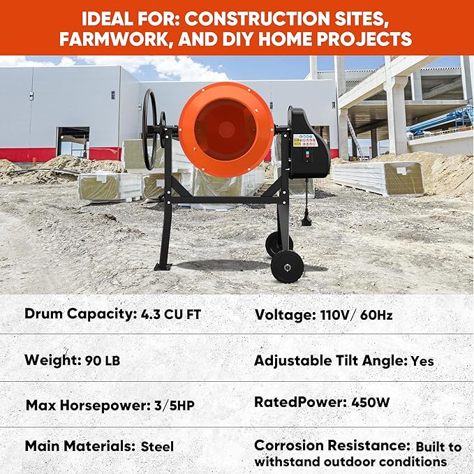 Electric Concrete Mixer, 4.3 Cubic Ft, 3/5HP. 450W Portable Concrete Mixer Machine with Stand & Wheels for Stucco, Mortar, Seeds, Orange-2026 Upgraded