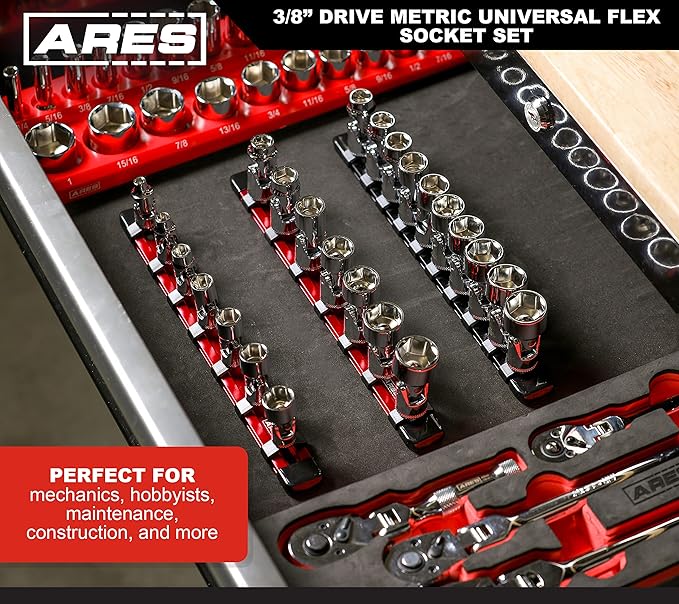 ARES 39015 ??10-Piece 3/8-Inch Drive Metric Universal Flex Socket Set ??6-Point Sockets from 10mm to 19mm - Universal Joint Flex Design For 360 Degree Access ??High Visibility Laser Markings
