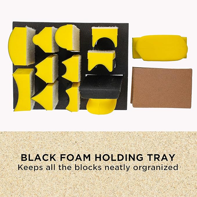 Dura-Gold 12-Piece Contoured Profile 4" Hand Sanding Block Set with 40 Sheet Hook & Loop Sandpaper Kit - Interchangeable Assorted Convex & Concave Shapes - Sand Wood Woodworking Furniture, Auto Paint