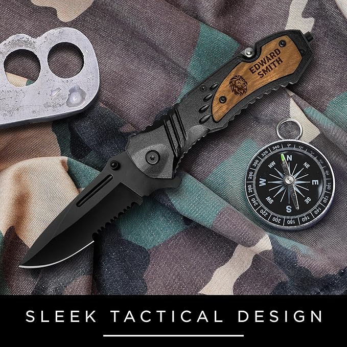 Personalized Pocket Knife, Gift for Men, Stocking Stuffers For Men Him/Dad, Custom Engraved Knife for Camping, Hunting Essentials With Belt Clip, 8 Inch Stainless Steel Blade and Wood Handle