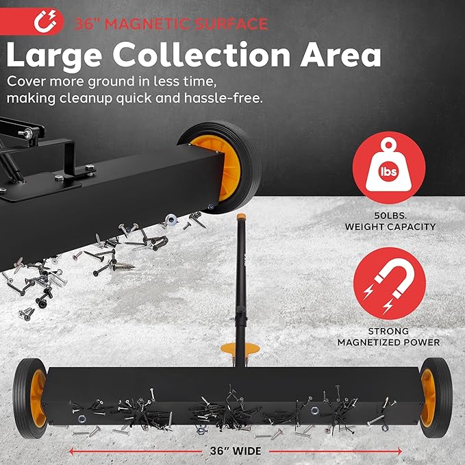 Pyle 36" Rolling Magnetic Sweeper with Adjustable Handle - Strong and Durable Metal Construction Heavy-Duty Cleaning/Metal Pickup for Industrial and Commercial Use (Black and Orange)