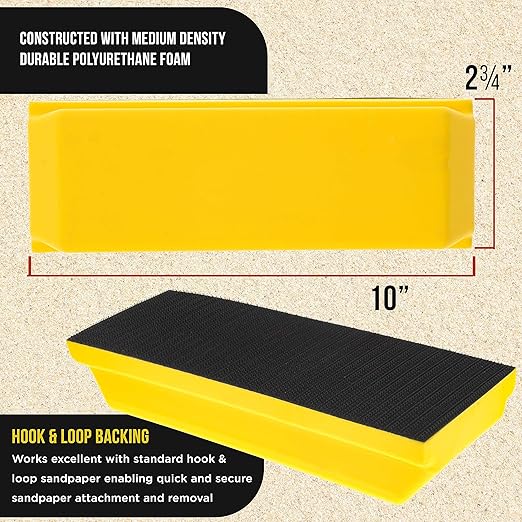 Dura-Gold Pro Series Rectangle 10" x 2-3/4" Hand Sanding Block Pad with Hook & Loop Backing and PSA Sandpaper Conversion Adapter Pad - Automotive Paint Prep Sand Shape Contour Woodworking Furniture
