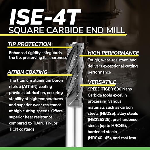 SPEED TIGER Micrograin Carbide Square End Mill - 4 Flute - ISE1/16 4T (5 Pieces, 1/16") - for Milling Alloy Steels, Hardened Steel, Metal & More ??Mill Bits Sets for DIYers & Professionals