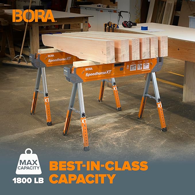 Bora Portamate Speedhorse XT Sawhorse Pair- Two pack, 30-36 inch height adjustable Legs, Metal Top for 2x4, Heavy Duty Pro Bench Saw Horse for Contractors, Carpenters - PM-4550T,Orange