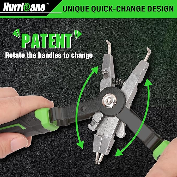 HURRICANE 8" Quick Turn Snap Ring Pliers with Interchangeable Tips, Straight and 90째 Curved Tips, HRC40-45 Hardness, Includes 4 Pairs of Tips for Precision Work, Ideal for Car Repair & Construction