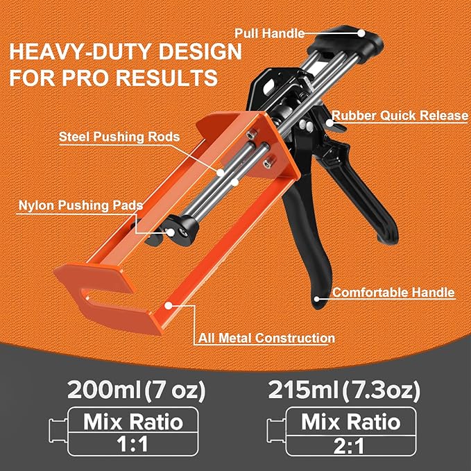 Epoxy Gun Dual Component 200ml ??Manual 1:1 & 2:1 Ratio Adhesive Applicator for Epoxy, Urethane, Acrylic,High-Thrust 2-Part Adhesive Gun for Panel Bonding, Structural & Plastic Repair,Orange