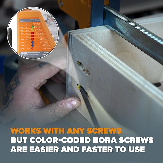 BORA Automatic Pocket Hole Jig with 50 Color-Coated Screws, Auto Adjusting Drill Guide, Pocket Hole Jig Kit for Woodworking - For Materials 1/2 inch to 1 1/2 inch Thick, Power Tool Accessory Jigs