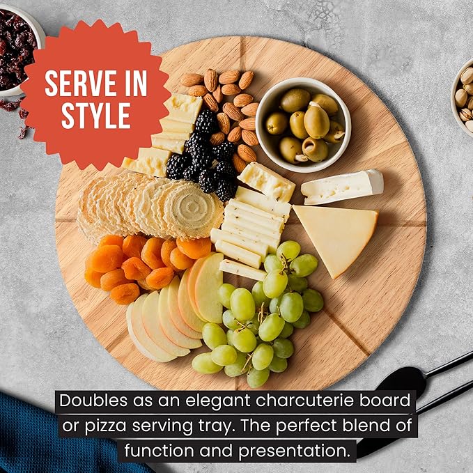 Chef Pomodoro 14" Pizza Cutter Rocker Blade and Pizza Cutting Board Set ??Premium Stainless Steel Pizza Slicer with Wooden Pizza Serving Board ??Pizza Wooden Board with Pizza Cutting Guide