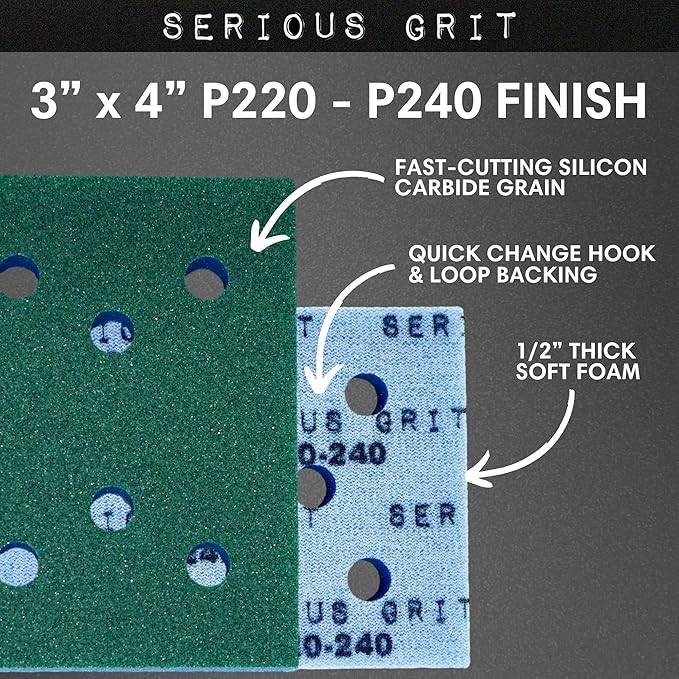Serious Grit - 3" x 4" Foam Abrasive 220-240 Finish Sanding Pads - Fits Surfprep, Uneeda Ekasand, & Mirka - 1/2" Thick Soft Foam Hook & Loop Sandpaper Pads for 3x4 Sanders - Made in USA - 10 Per Box