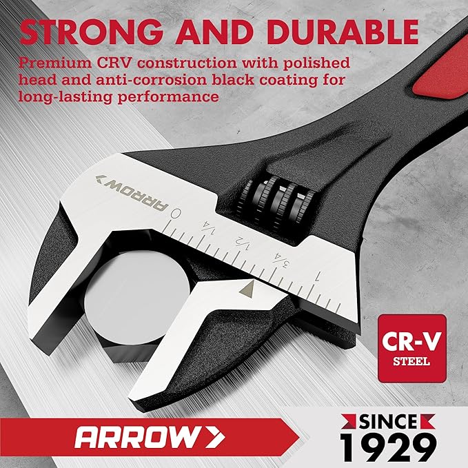 ARROW 8-Inch Adjustable Wrench, Cr-V Steel, Wide Jaw Black Oxide Wrench with Inch/Metric Laser Scales, Non-Slip Grip & Hanging Hole, for Home, Garage, Workshop and DIY