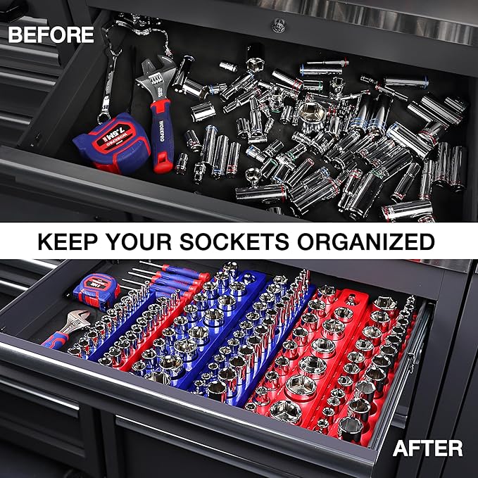 WORKPRO Magnetic Socket Organizer Set, 4-Piece Socket Holder Set Includes 1/4", 3/8" Drive Metric & SAE Socket Trays, Holds 108 Pieces Standard and Deep Size Sockets (Sockets not Included)