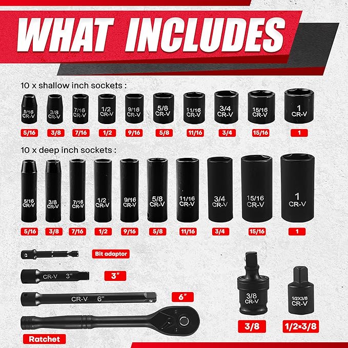 64pcs 3/8" Socket Set,Drive Impact Socket Set, SAE/Metric, Deep & Shallow, Cr-V Steel, 6 Point with Adapters, 72T Ratchet Handle, Extension Bars竊똁it Adapter竊?-24mm竊?/16-1 inch