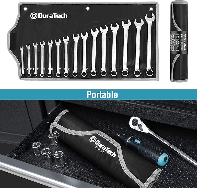 DURATECH Combination Wrench Set, SAE, 15-Piece, 1/4'' to 1-1/16'', 12-Point, CR-V Steel, with Rolling Pouch