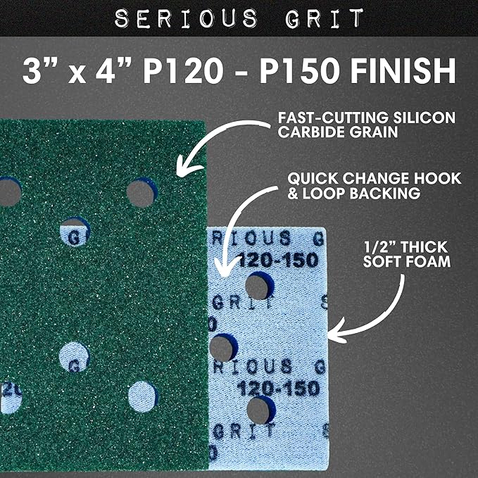 Serious Grit - 3" x 4" Foam Abrasive 120-150 Finish Sanding Pads - Fits Surfprep, Uneeda Ekasand, & Mirka - 1/2" Thick Soft Foam Hook & Loop Sandpaper Pads for 3x4 Sanders - Made in USA - 10 Per Box