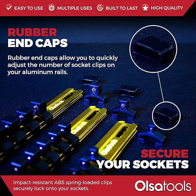 Olsa Tools Aluminum Socket Organizer, 3pc Set - Yellow Socket Holder Kit 1/2-Inch, 3/8-Inch, and 1/4-Inch Drive - Holds 58 Chrome or Impact Sockets - Professional Grade Socket Rails - Part: 1110