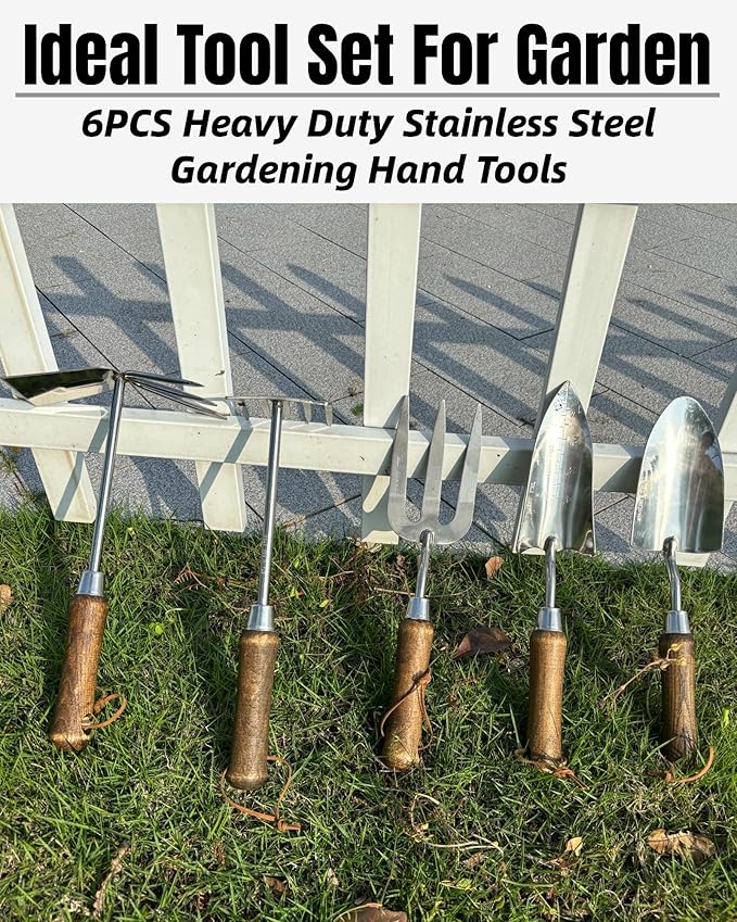 Garden Tool Set, 6PCS Heavy Duty Stainless Steel Gardening Hand Tools with Ropes, Includes Hand Cultivator Shovel Trowel Transplanter 2-in-1 Hoe Pruner Ideal Gardening Gifts for Women Men (Gift Box)