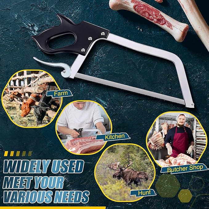 16 Inch Butcher Saw Meat and Bone, Professional Meat Processing Saw with Stainless Steel Blade, Quick Release Black Tightening Cam Comfort Handle, for Household, Processed Livestock and Game