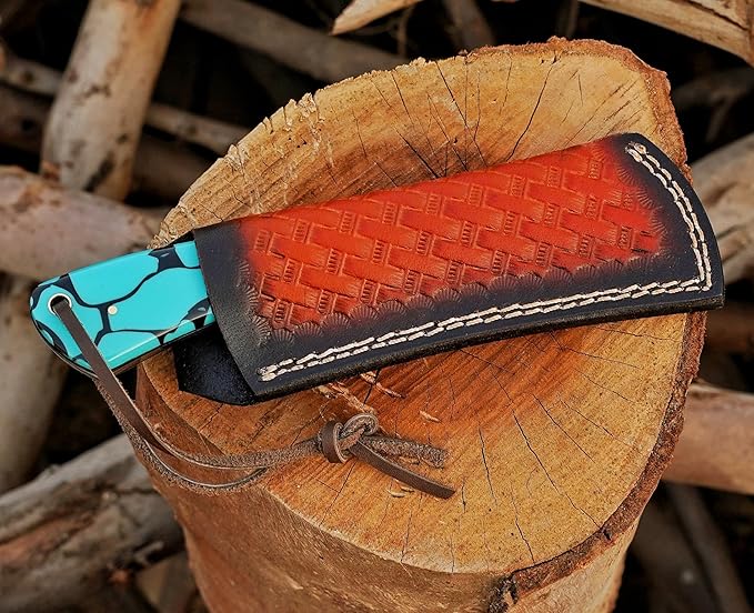 Stainless Steel Lineman's Hawkbill Knife, Fixed Blade Full Tang, Turquoise Handle with Leather Sheath