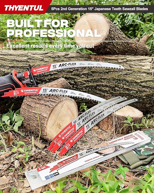 5 Pack 15inch 6TPI Wood Pruning Reciprocating Saw Blades,15 Inch Japanese Teeth Pruning Blades for Reciprocating Saw,Durable Cr-v Steel Arc Curved Sawzall Blades for Fast Tree Trimming & Wood Cutting