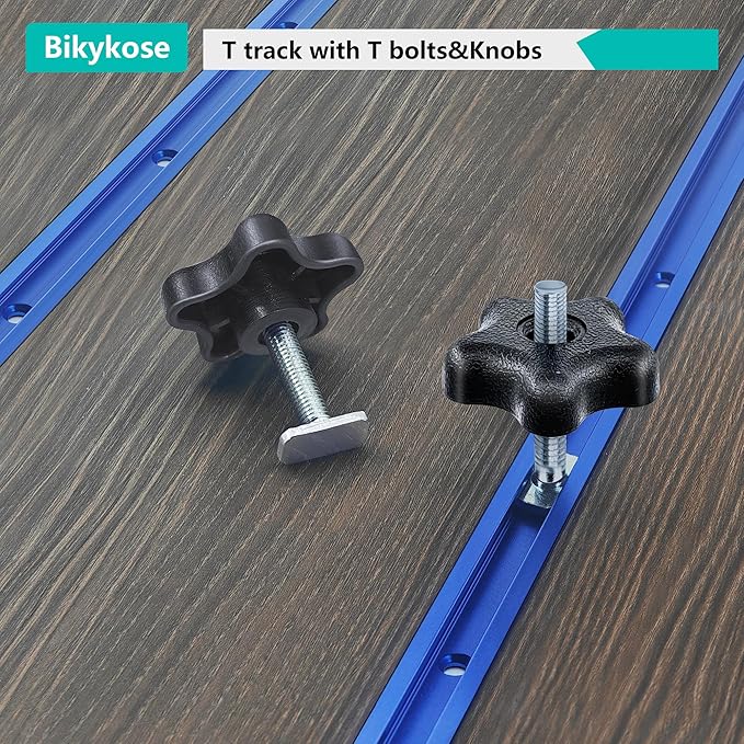 2 pack 24" T-Track with 20pcs T-Track Knob Kit for Woodworking with Screws, Aluminum Alloy Woodworking Tools Double Cut Profile Universal T-Tracks with Predrilled Mounting Holes anodized blue