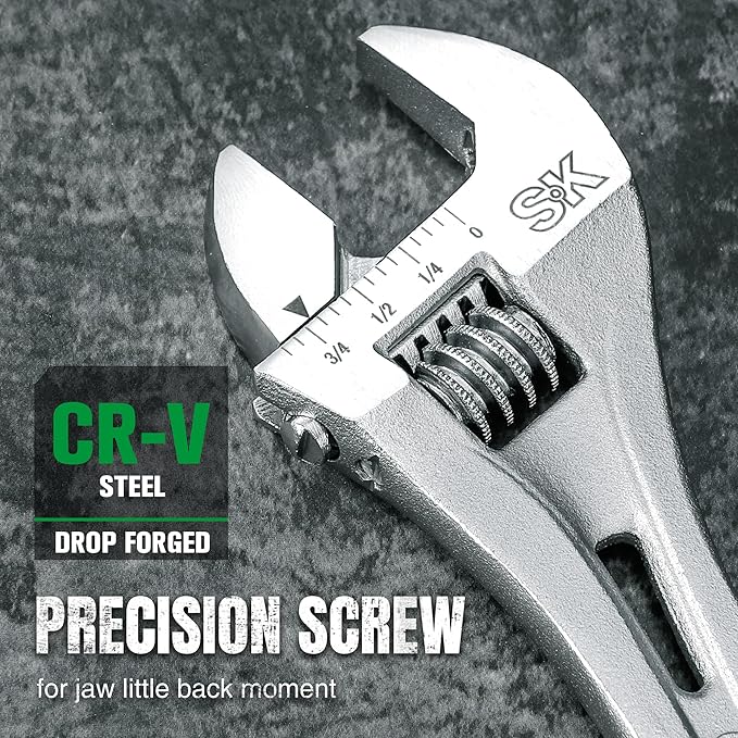 SK 6-Inch Adjustable Wrench, 3/4" Jaw Capacity, Cr-V Steel, SAE&Metric Scales