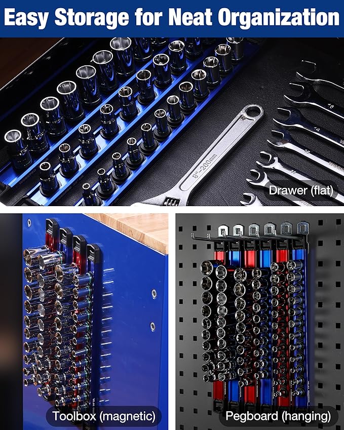 WORKPRO Magnetic Socket Organizer, 1/4" Drive Aluminum Alloy Socket Holder with 12PC Removable Socket Clips for Quick Customization, Socket Rail for Tool Box Drawer (Sockets Not Included)