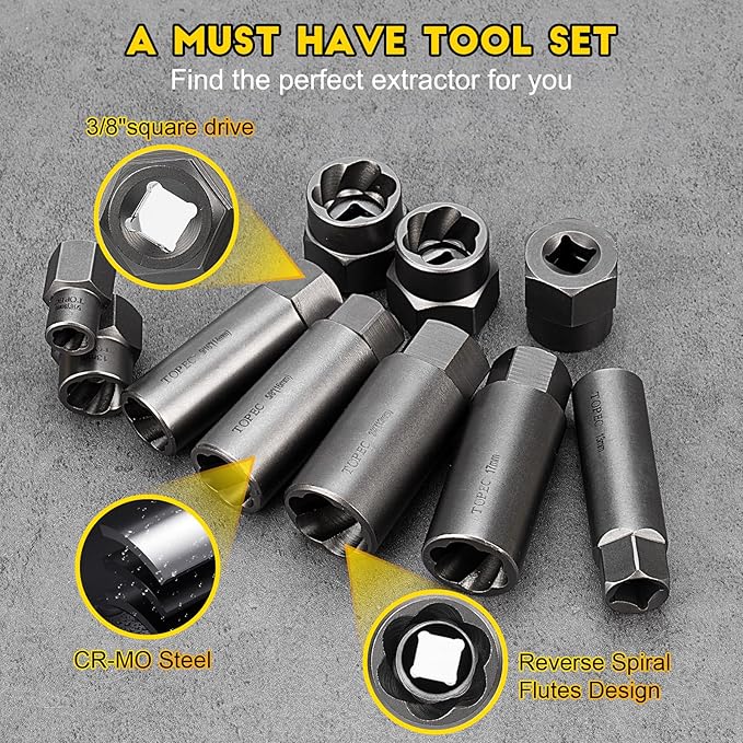 Topec Deep Bolt Extractor Set 28PCS, 3/8" Drive Bolt Extractor Kit, Spark Plug Extractor Socket Set, Lug Nut Removal Tool for Stripped, Broken, Rounded Bolts Lug Nut Stud Remove