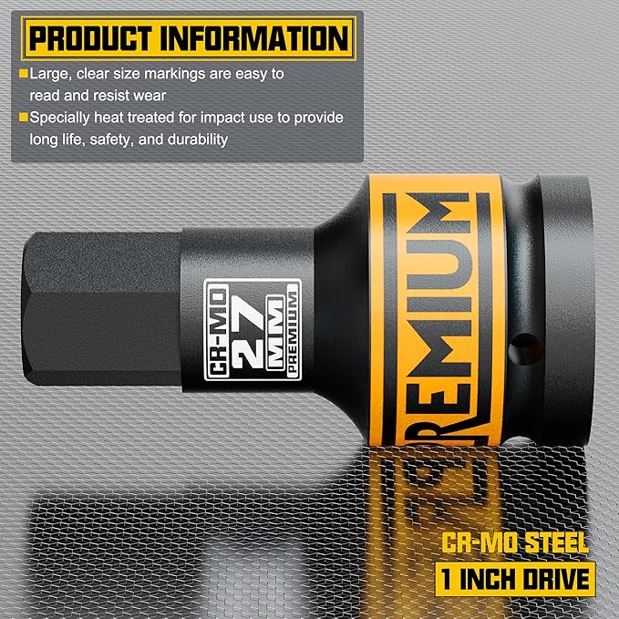 1" Drive H27 Impact Hex Bit Socket, 27 mm Allen Bit Socket, Metric, Cr-Mo Steel, Truck Repair and Equipment Maintenance