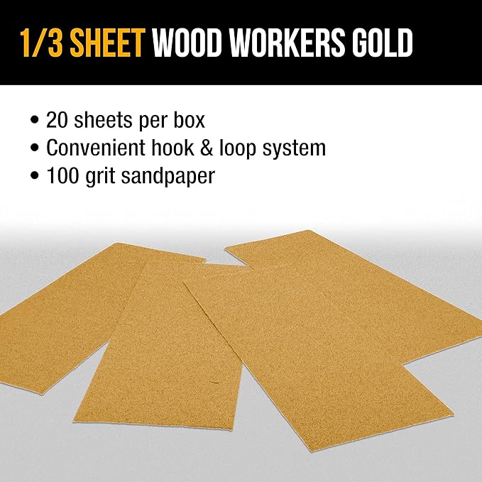 Dura-Gold Premium 1/3 Sheet Gold Sandpaper Sheets, 100 Grit (Box of 20) - 3-2/3" x 9" Size Hook & Loop Backing, Wood Furniture Woodworking, Auto Paint - Jitterbug Sanders, Clip-On, Hand Sanding Blocks