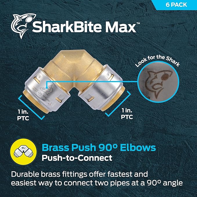 SharkBite Max 1 x 1 in PTC 90 Degree Elbow, Pack of 6, Push-to-Connect Brass Plumbing Fitting, UR260