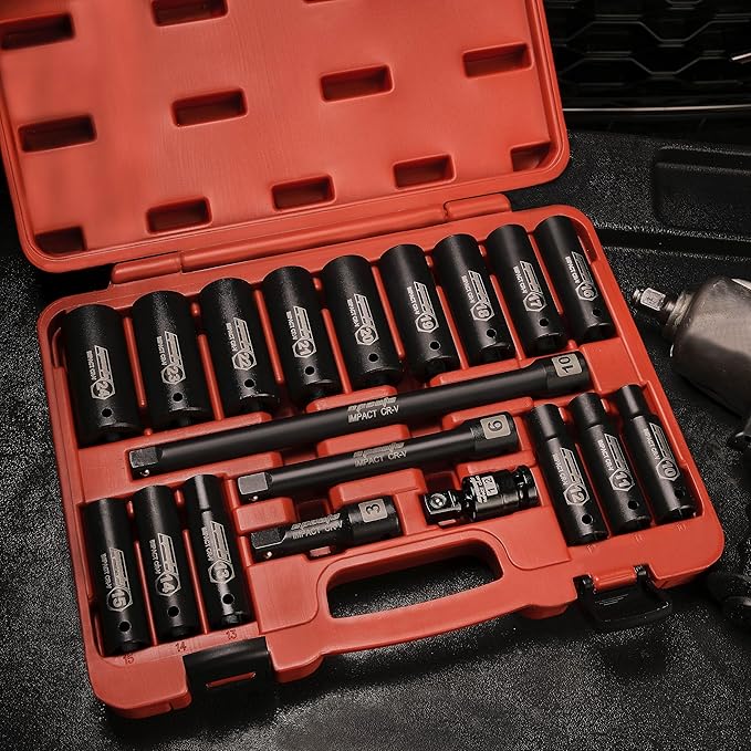 EPAuto 1/2-Inch Drive Metric (10-24 mm) Deep Impact Socket Set | Extension Bar | Universal Joint, Cr-V, 6 Points, 19 Pieces