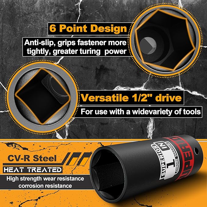 12 Piece 1/2" Drive Deep Impact Socket Set, 3/8" to 1", SAE, 6 points, CR-V Material, Cars, Motorcycles, Tire Changes